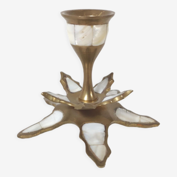 Leaf candle holder in brass and mother-of-pearl