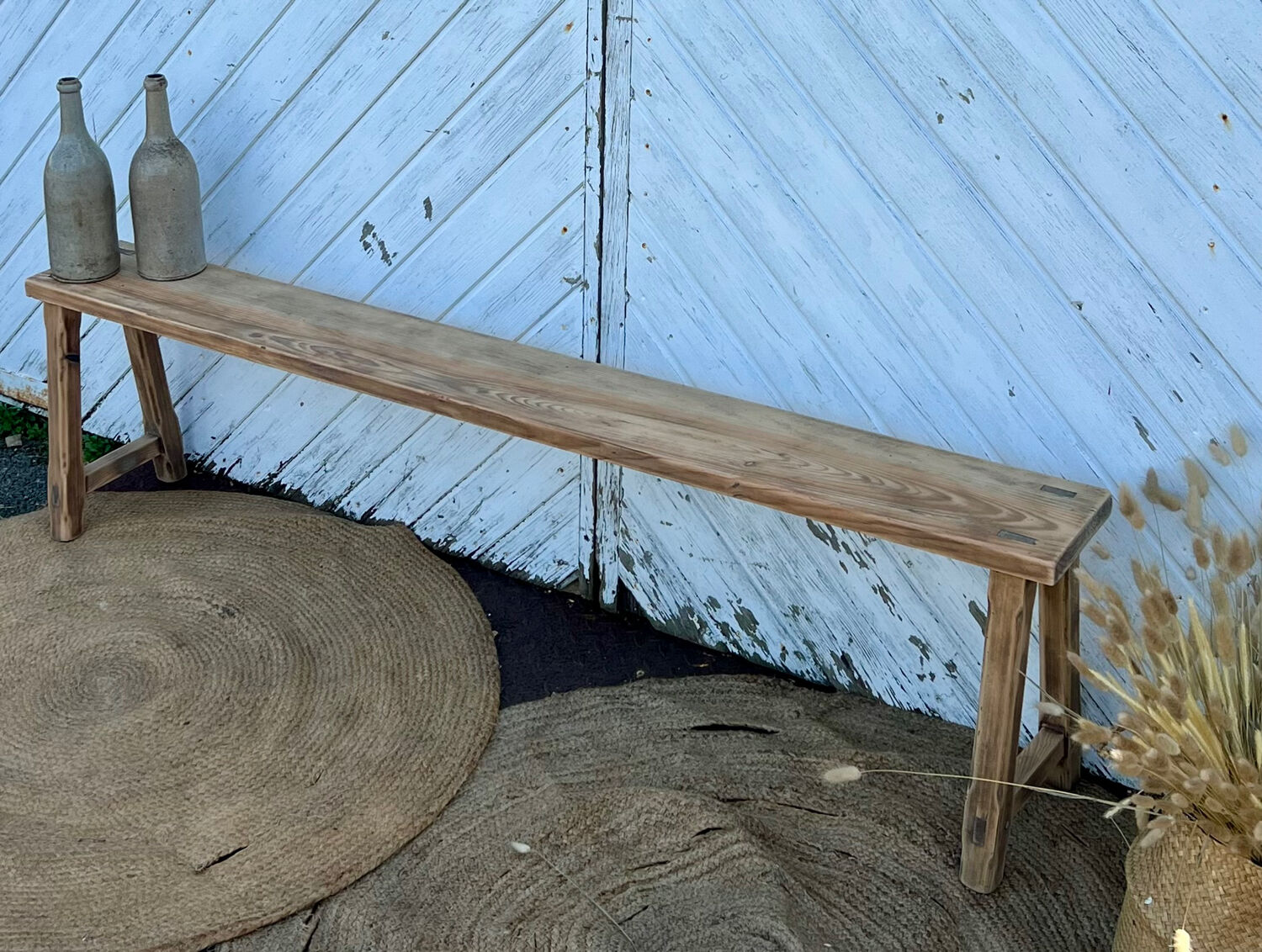 Old farmhouse bench in raw solid wood