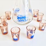 Carafe and 9 liquor glasses decorated with sailboats