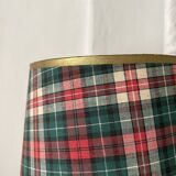 Turned wooden lamp, tartan lampshade.