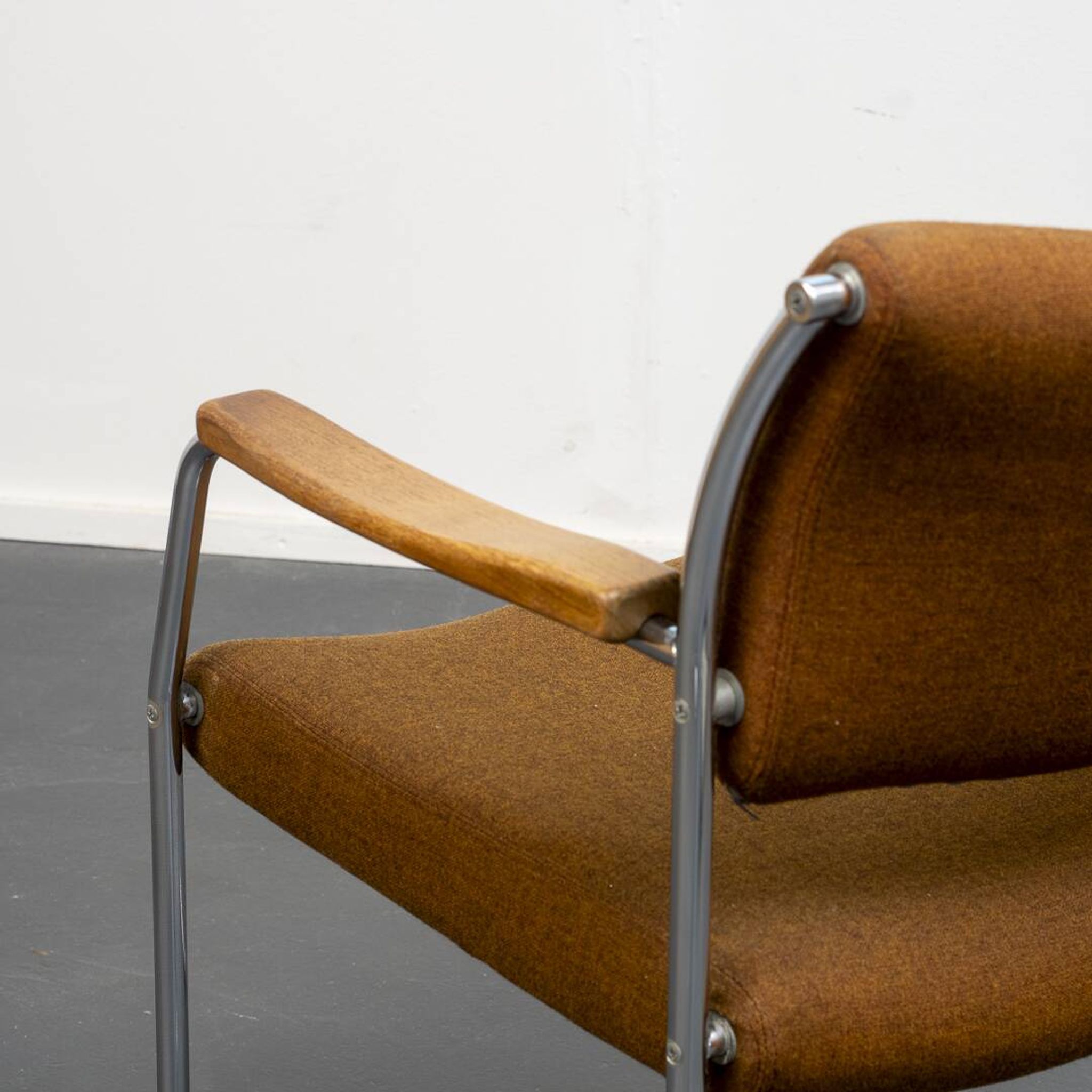 Armchair, 1960s, chrome metal frame, teak armrests.
