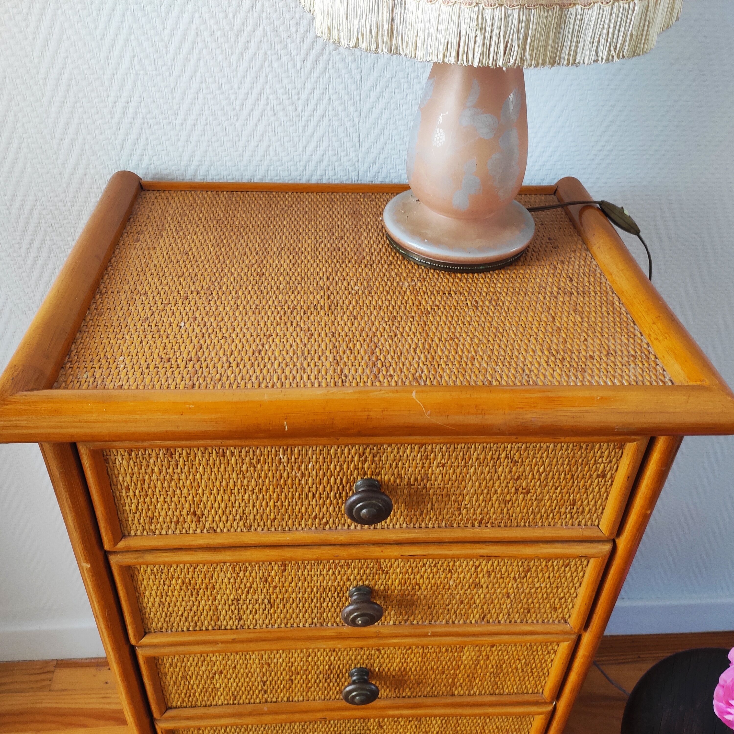 Vintage rattan rag chest of drawers
