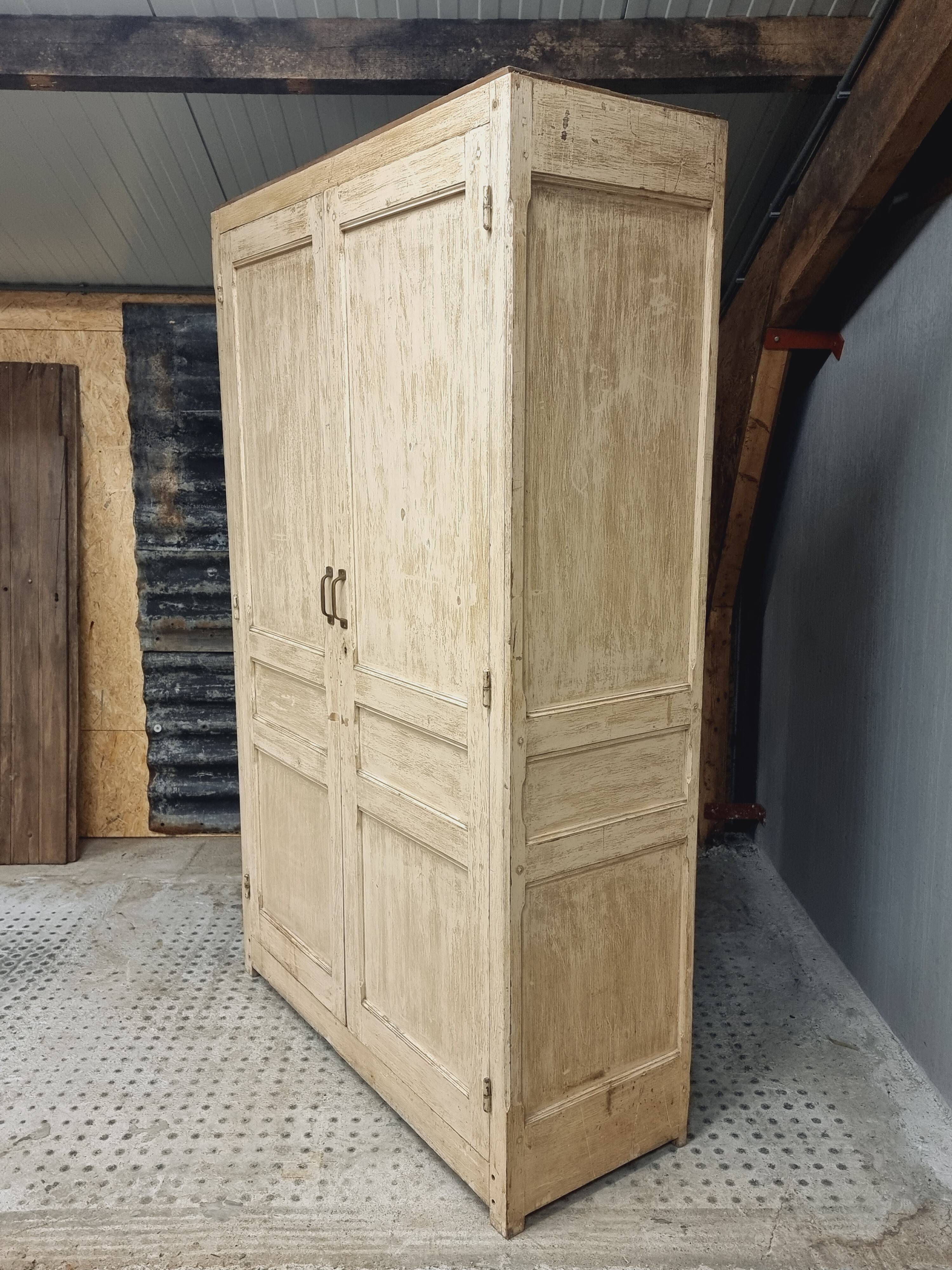 Antique wardrobe, kitchen cabinet, pinewood, creamy white