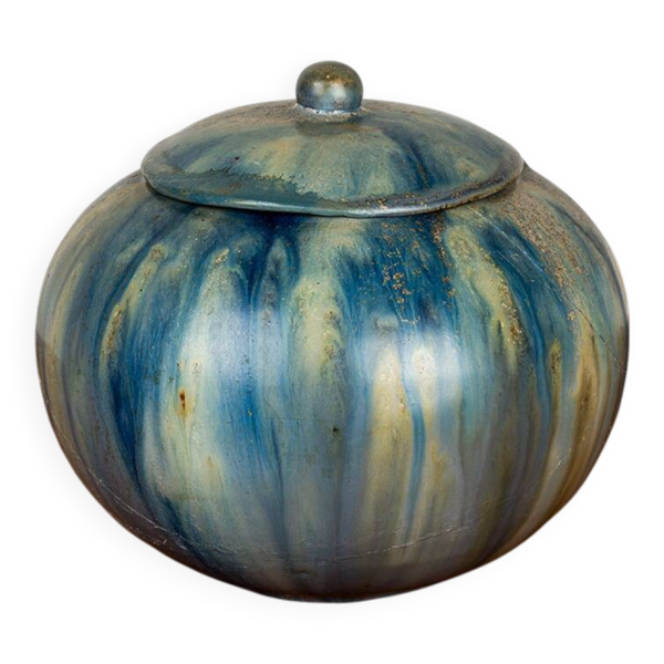 Pot en grès émaillé céramisé de couleur bleue, époque Art-Déco Roger Guerin