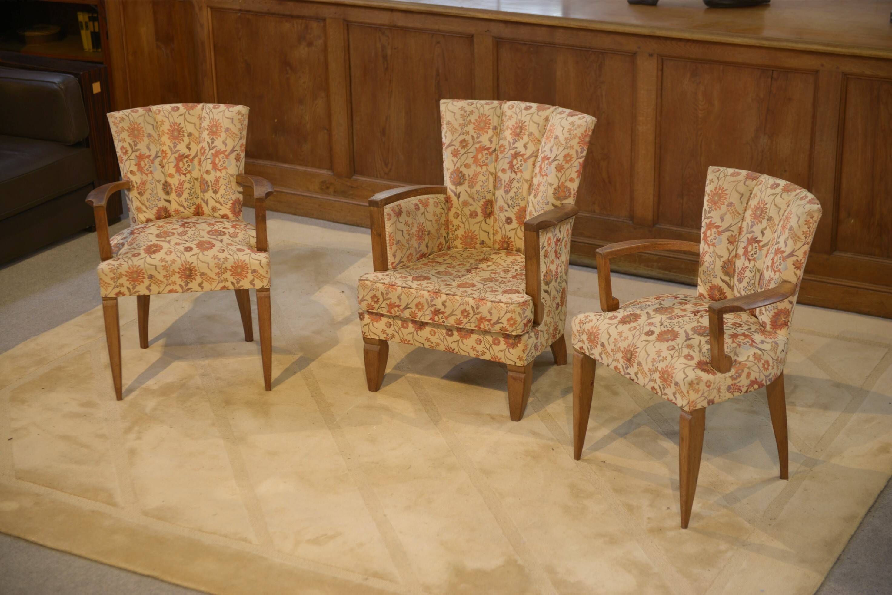 Set of 2 Bridge armchairs and one armchair attributed to Jules Leleu from the 1930s.