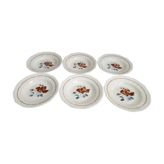 Lot de 6 assiettes creuses Sarreguemines décor rose brique