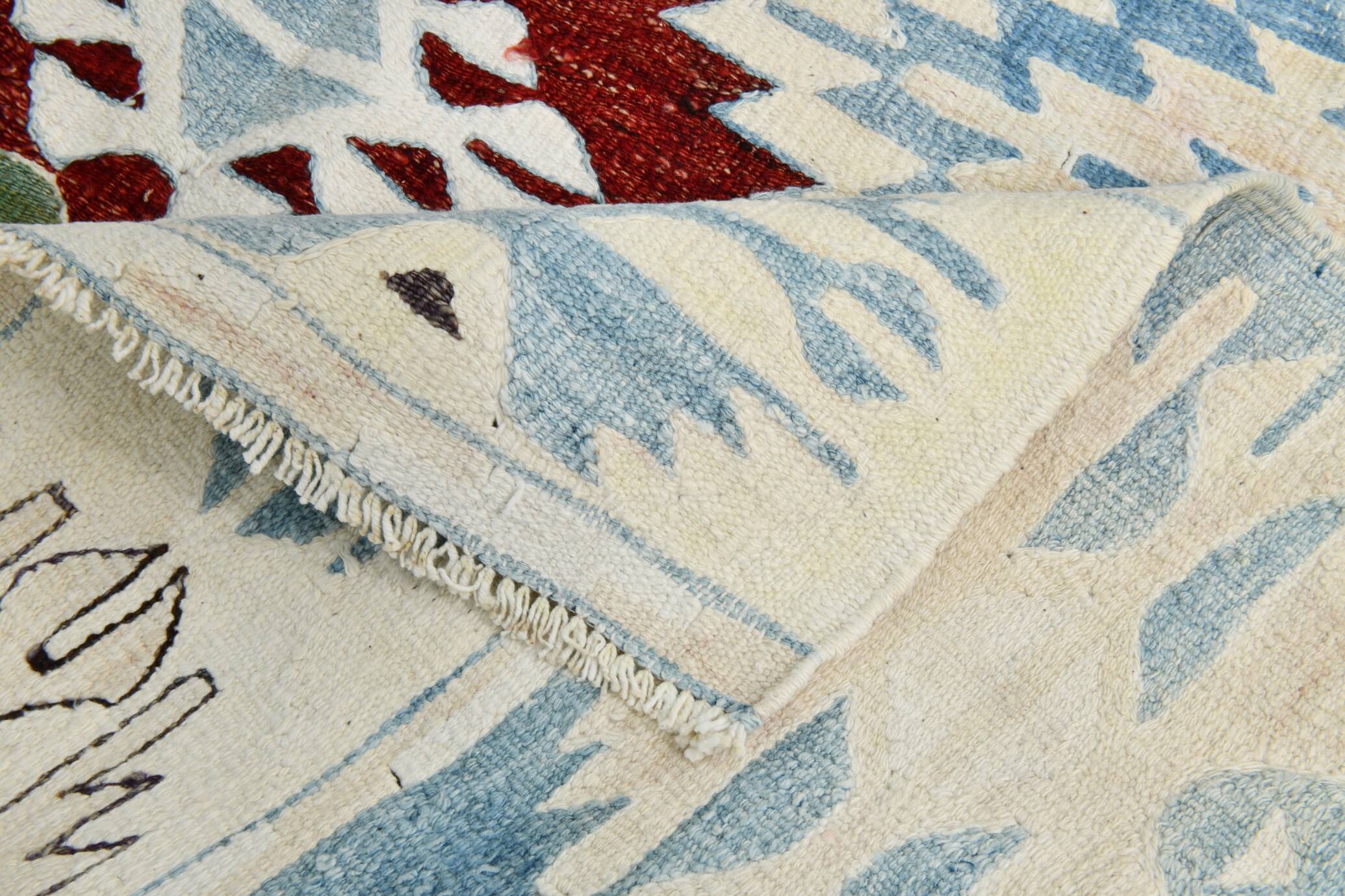 5x8 Burgundy & Light Blue Rare Geometric Style Wool Kilim Rug, 144x241 Cm