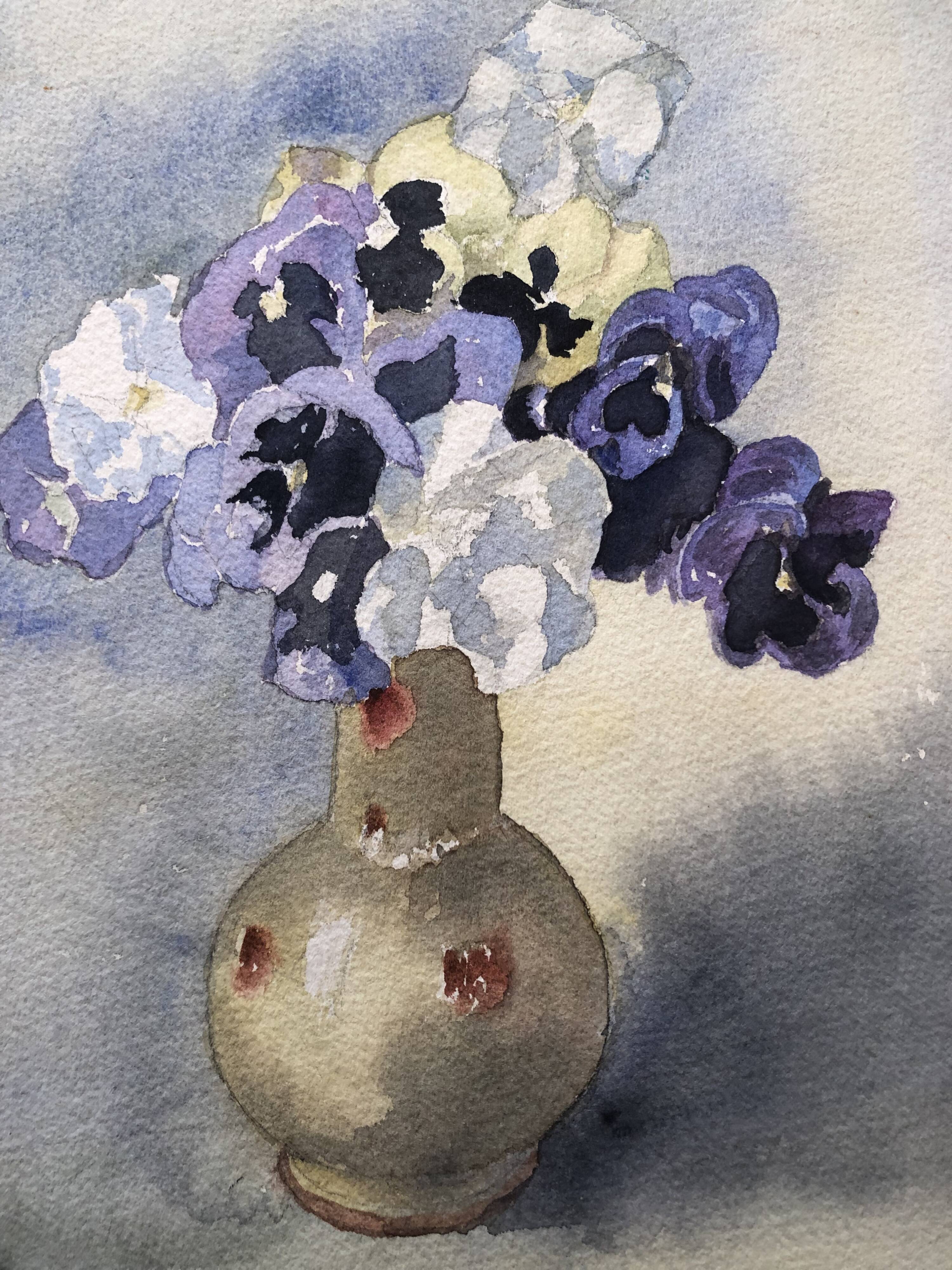 Watercolor painting potiche with pensees flowers, on paper, signed cmb or cmr, still life 1989
