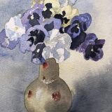 Watercolor painting potiche with pensees flowers, on paper, signed cmb or cmr, still life 1989