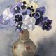 Watercolor painting potiche with pensees flowers, on paper, signed cmb or cmr, still life 1989