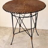 Vintage round table in woven rattan and black wrought iron – 1950s / 1960s