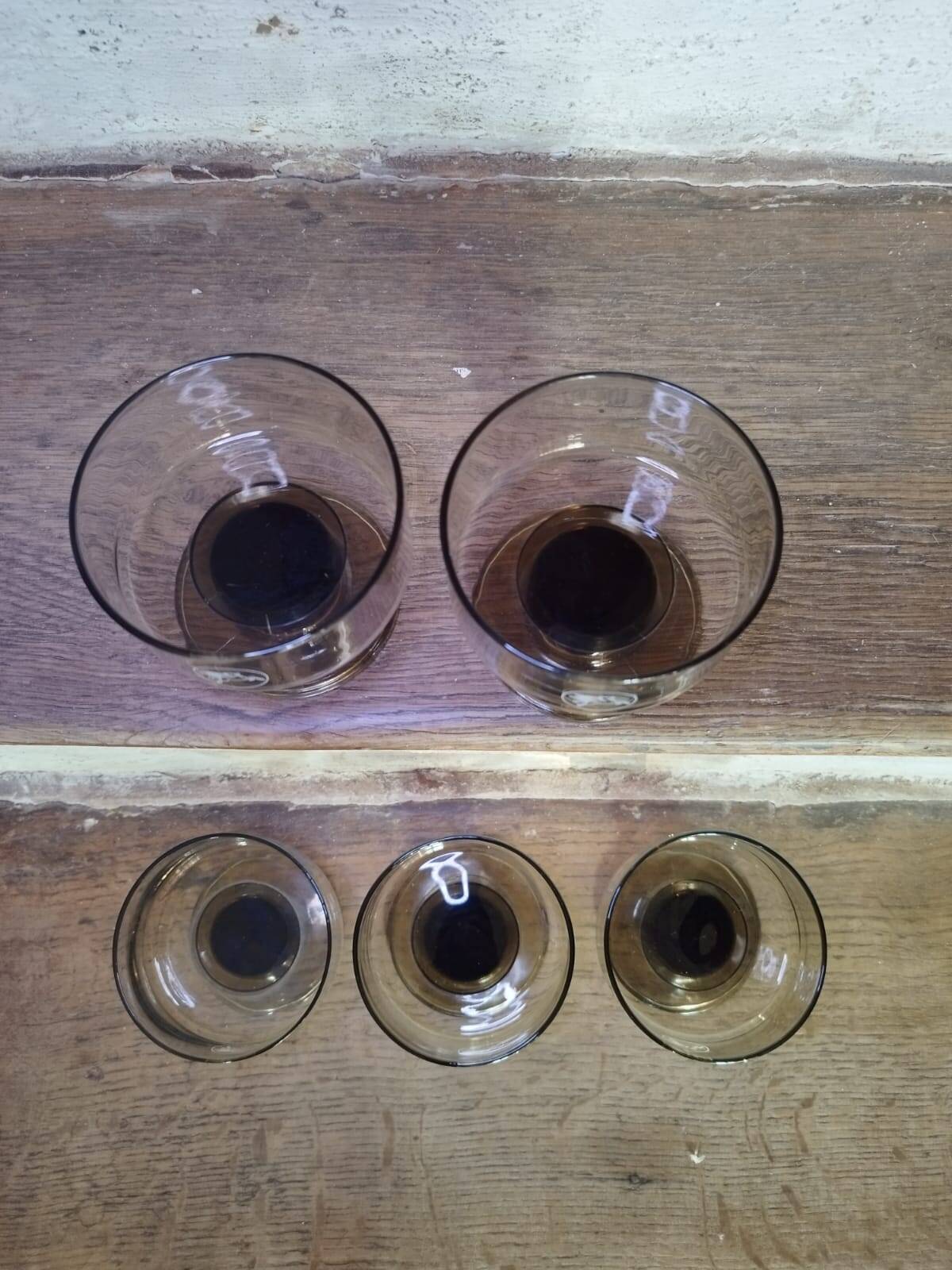 Set of 5 Pegasus Mobil Oil smoked glass cups