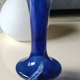 Long flared neck ball vase. Smoked scrolls in cobalt blue art glass, 30cm