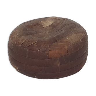 Pouf en cuir patchwork brun foncé du milieu du siècle