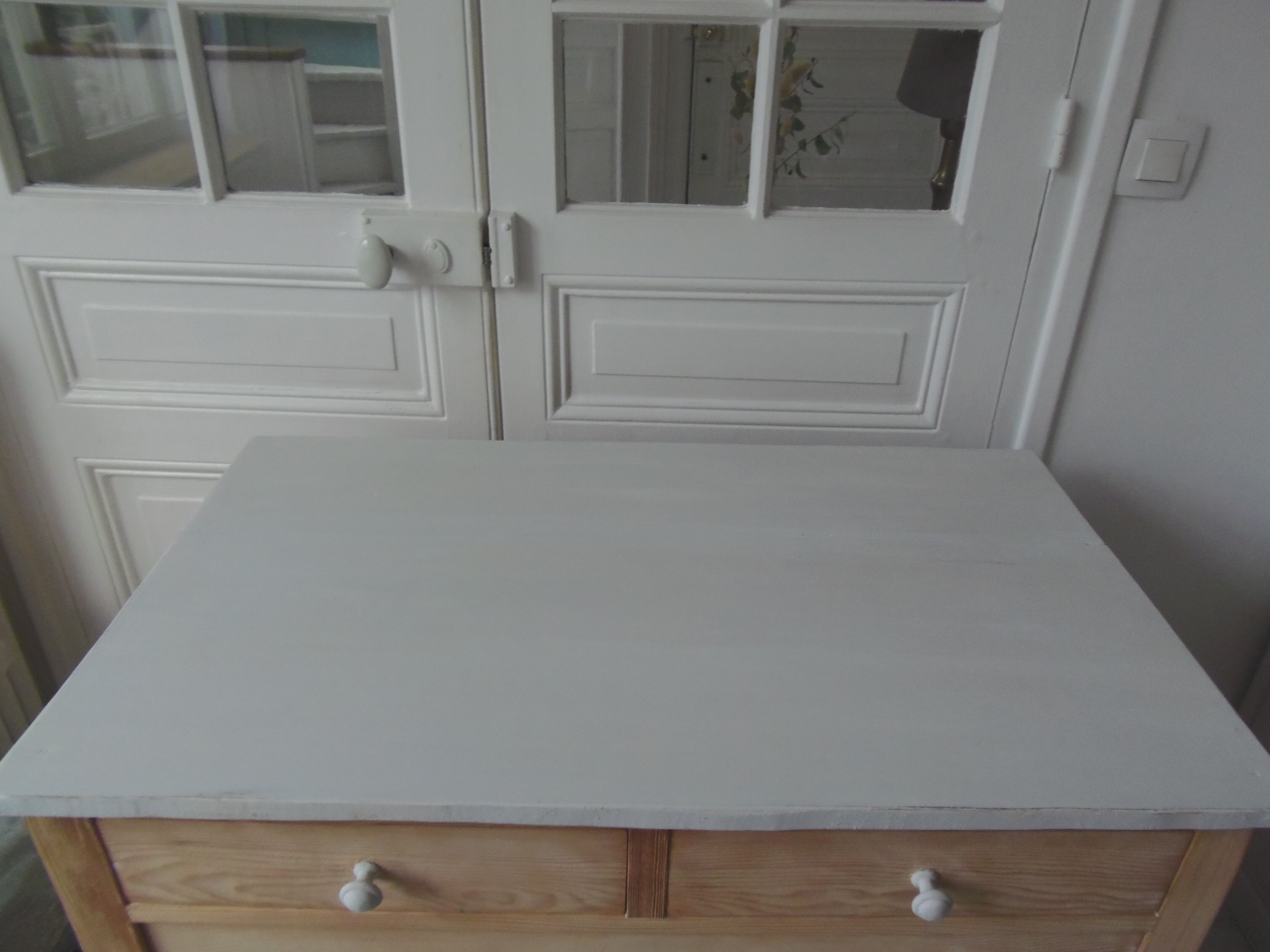 Vintage raw pitchpin chest of drawers, pearl grey patinated drawer tray buttons