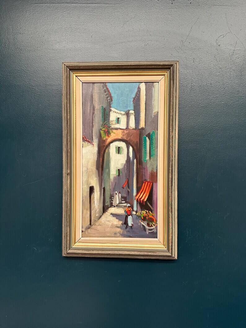 Original Swedish Oil on Canvas – “In the Street” by Unknown Artist – Vintage & Framed