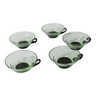 5 Vintage Murano Glass Drinking Glasses in Green and Black Uranium Glass – 1940s Italian Retro Tea & Cocktail Glasses