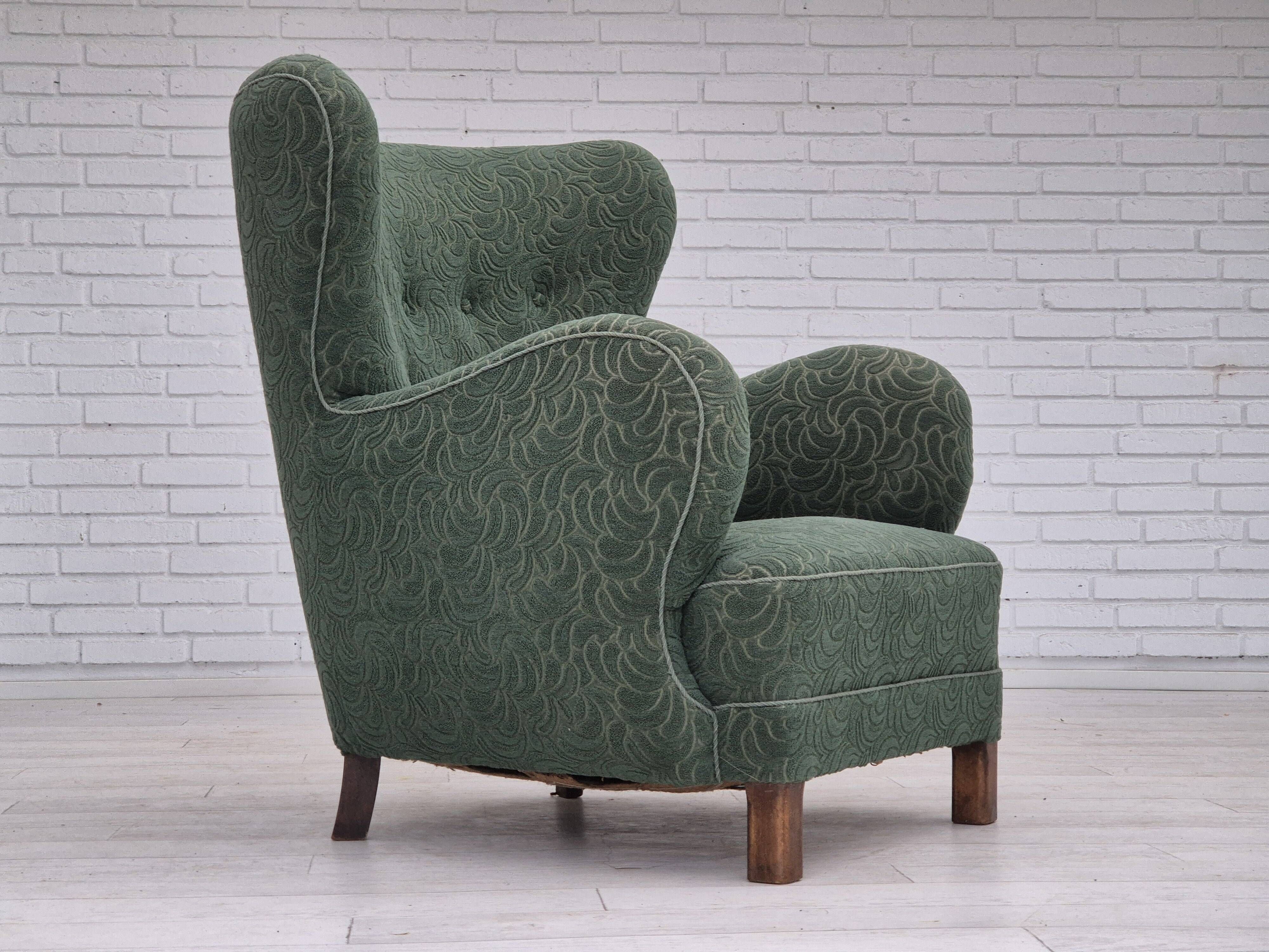 1960s, Danish armchair, original condition, furniture fabric, beech wood legs.