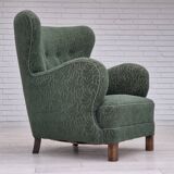 Fauteuil danois des années 1960, état d'origine, tissu d'ameublement, pieds en bois de hêtre.