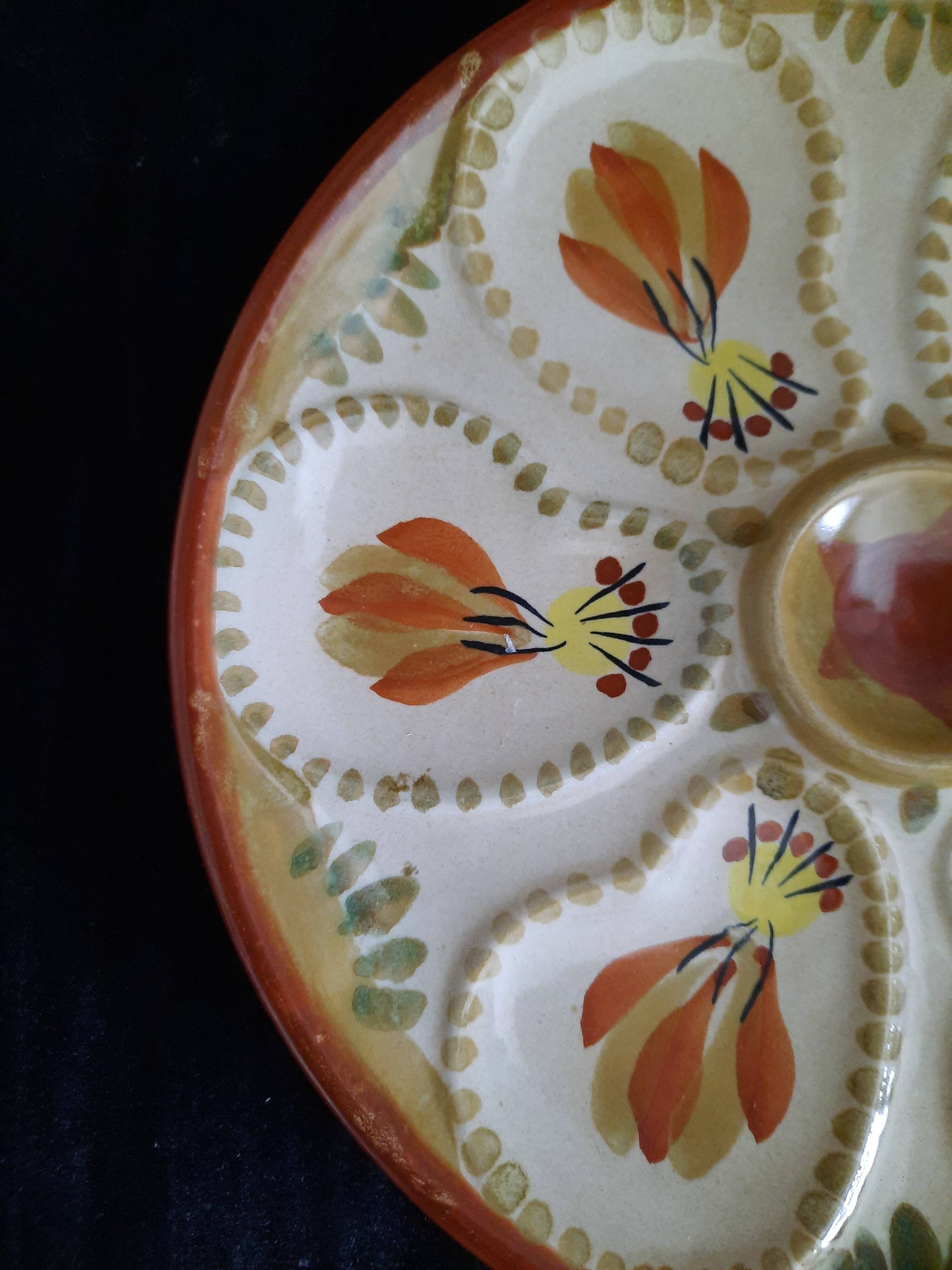 Assiette à huîtres hb henriot quimper grès 23 cm décor floral breton