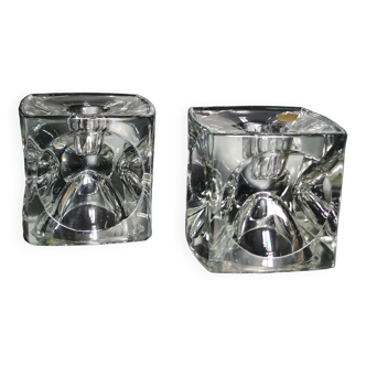 Pair of cubic candlesticks in bohemian crystal