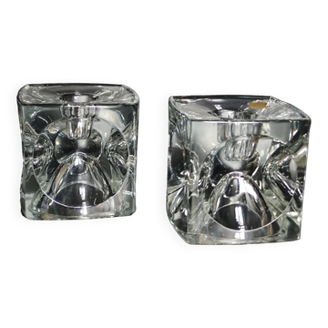 Pair of cubic candlesticks in bohemian crystal