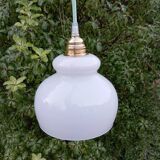 Lampe baladeuse opaline blanche vintage, cordon vert menthe