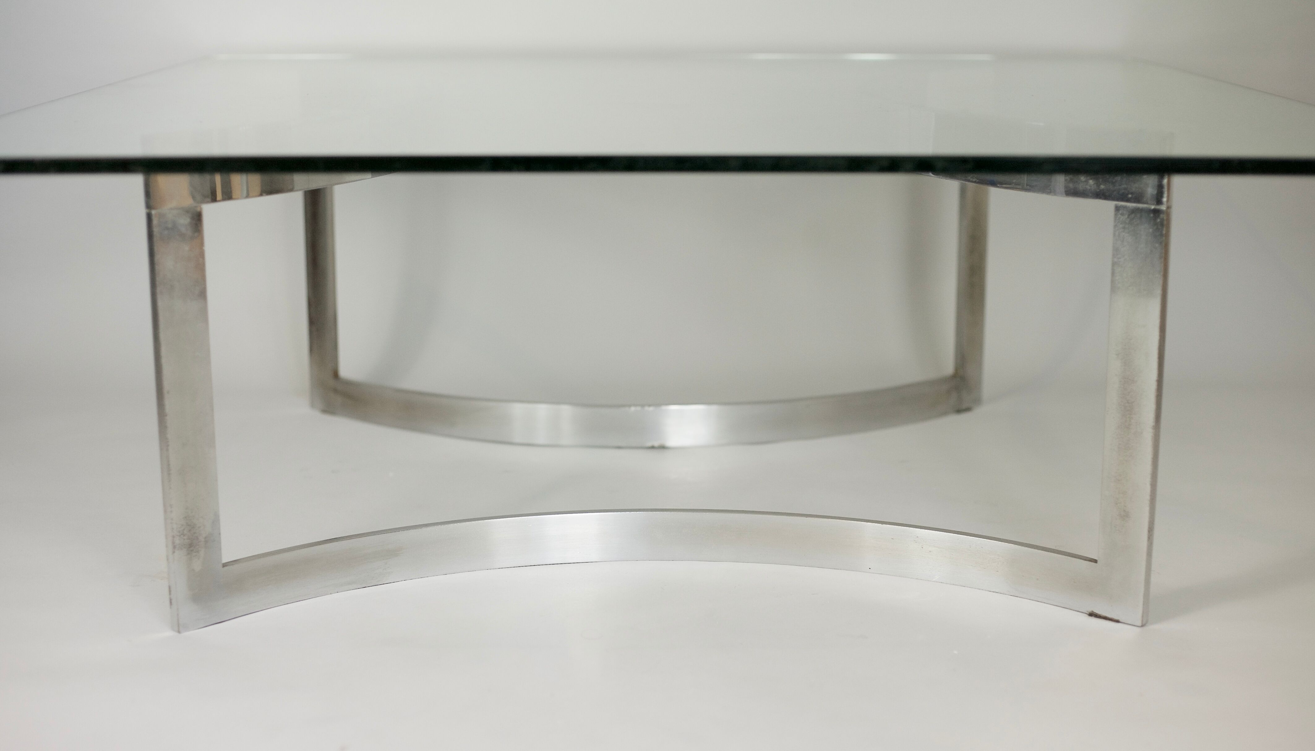 Coffee table published by Dassas, base in chromed steel and thick glass slab, France, 1963