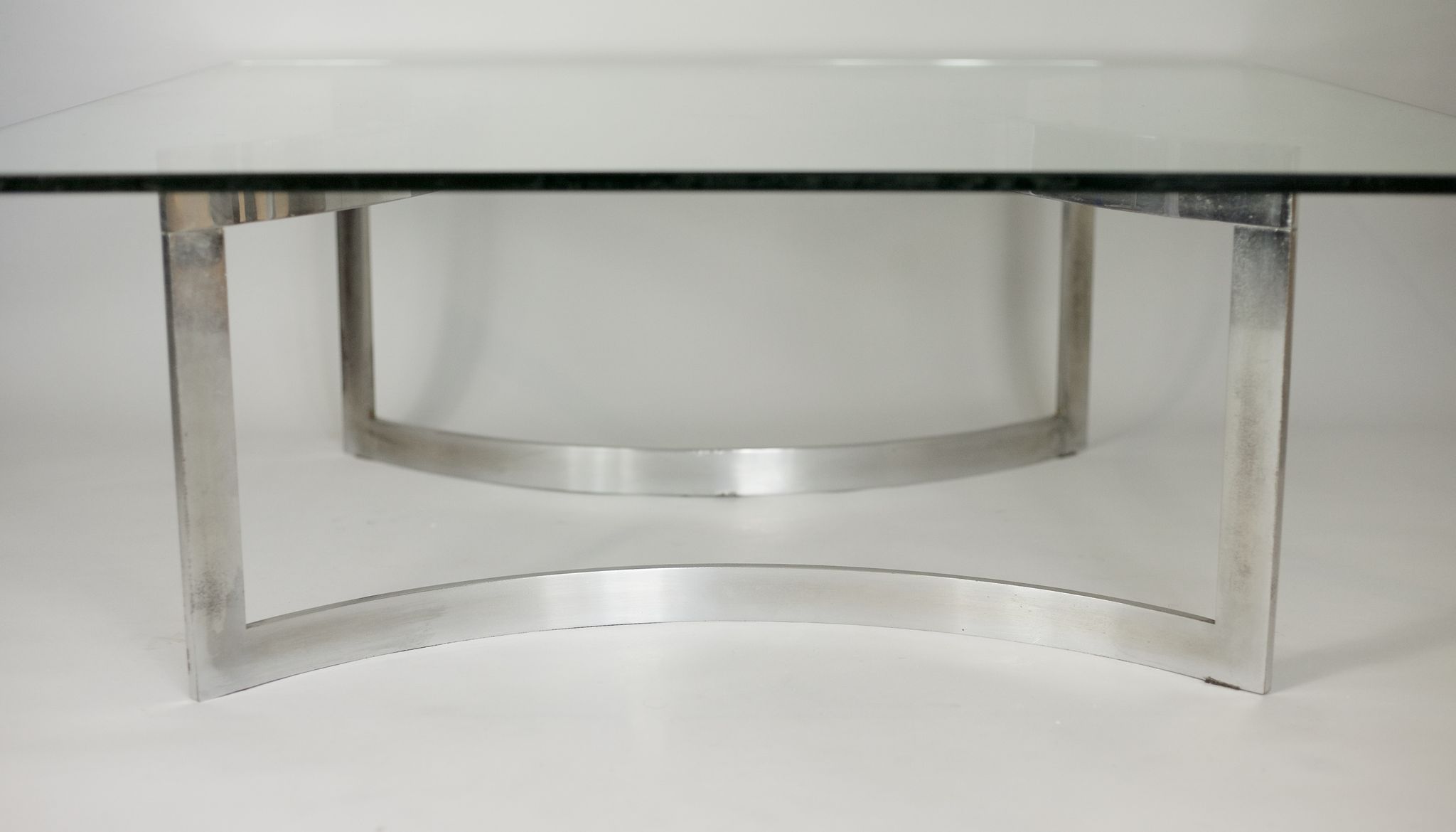 Coffee table published by Dassas, base in chromed steel and thick glass slab, France, 1963
