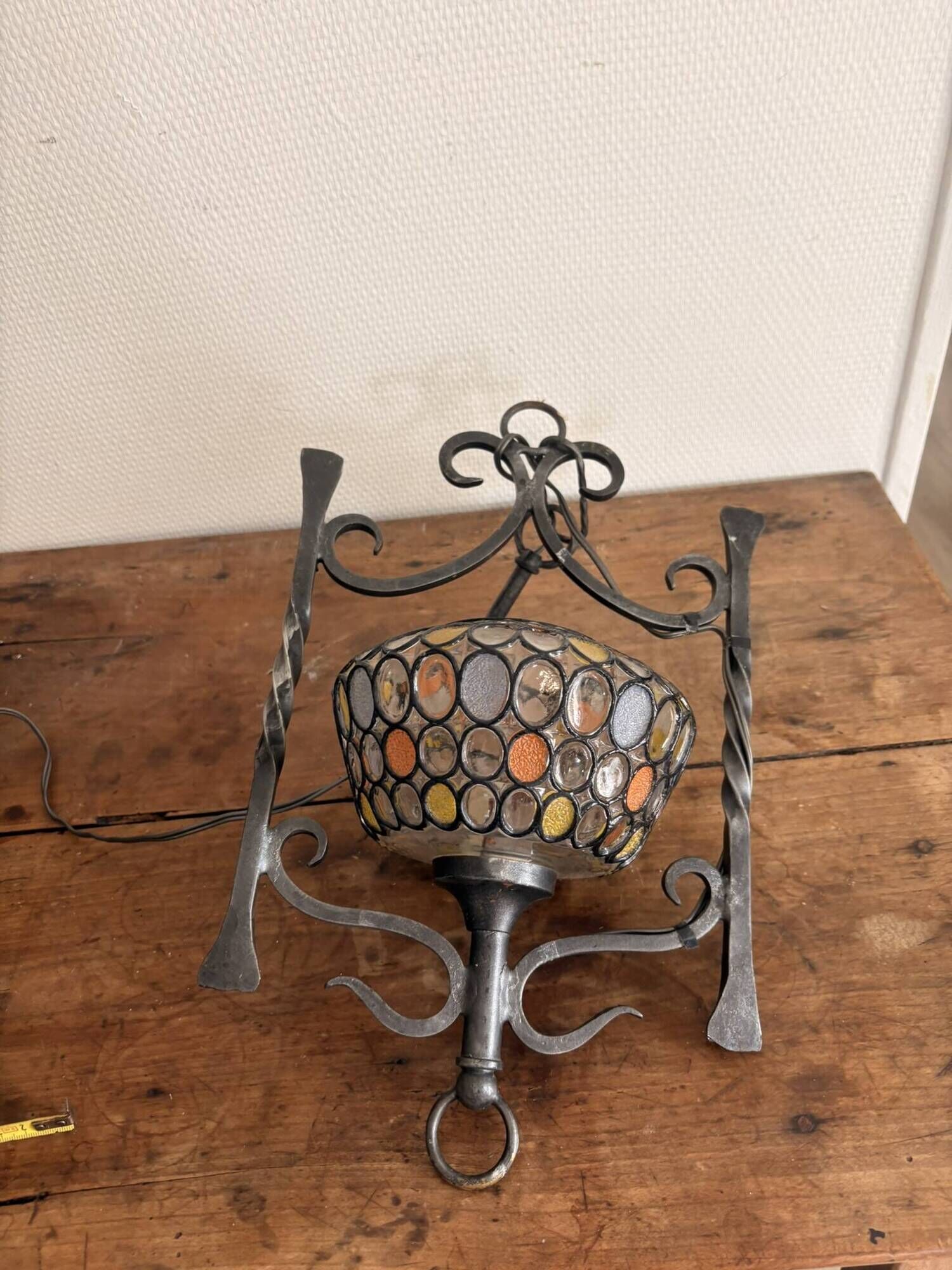 Colourful Stained Glass Wall Sconce with Wrought Iron and Cabochons Lamp