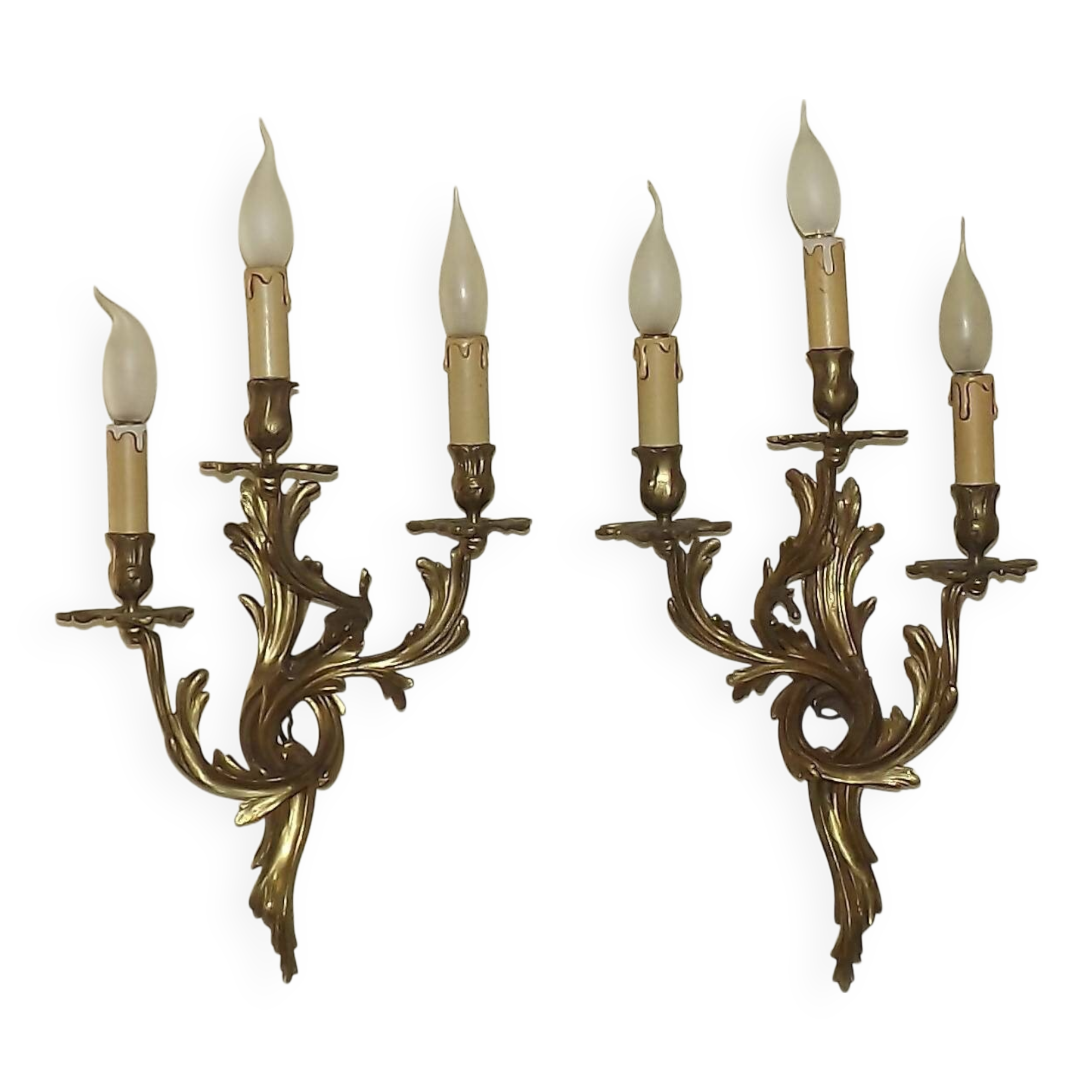 Very large pair of early 1900s 3-light acanthus leaf wall sconces 5209