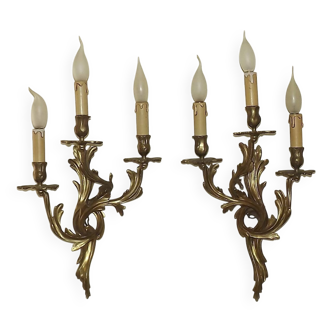 Very large pair of early 1900s 3-light acanthus leaf wall sconces 5209