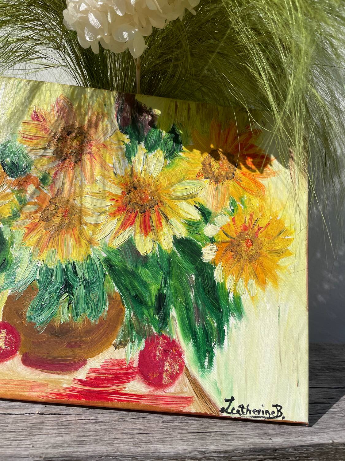 Oil on canvas of a bouquet of sunflowers