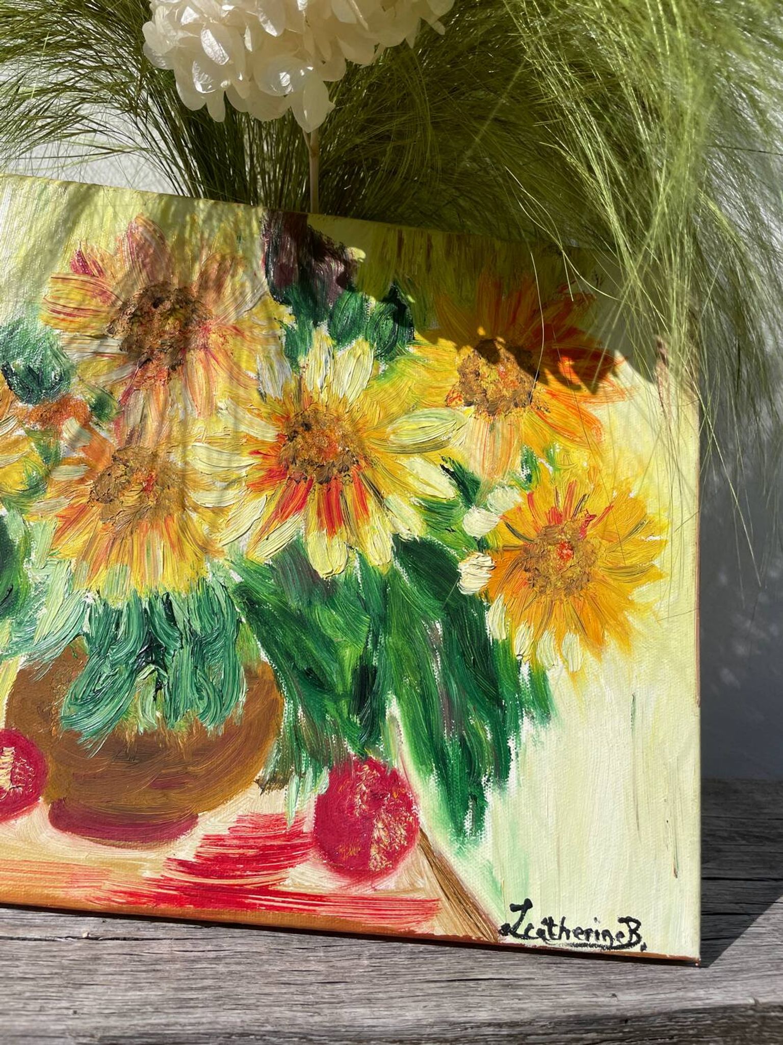 Huile sur toile d’un bouquet de tournesols
