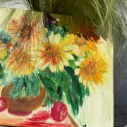 Huile sur toile d’un bouquet de tournesols