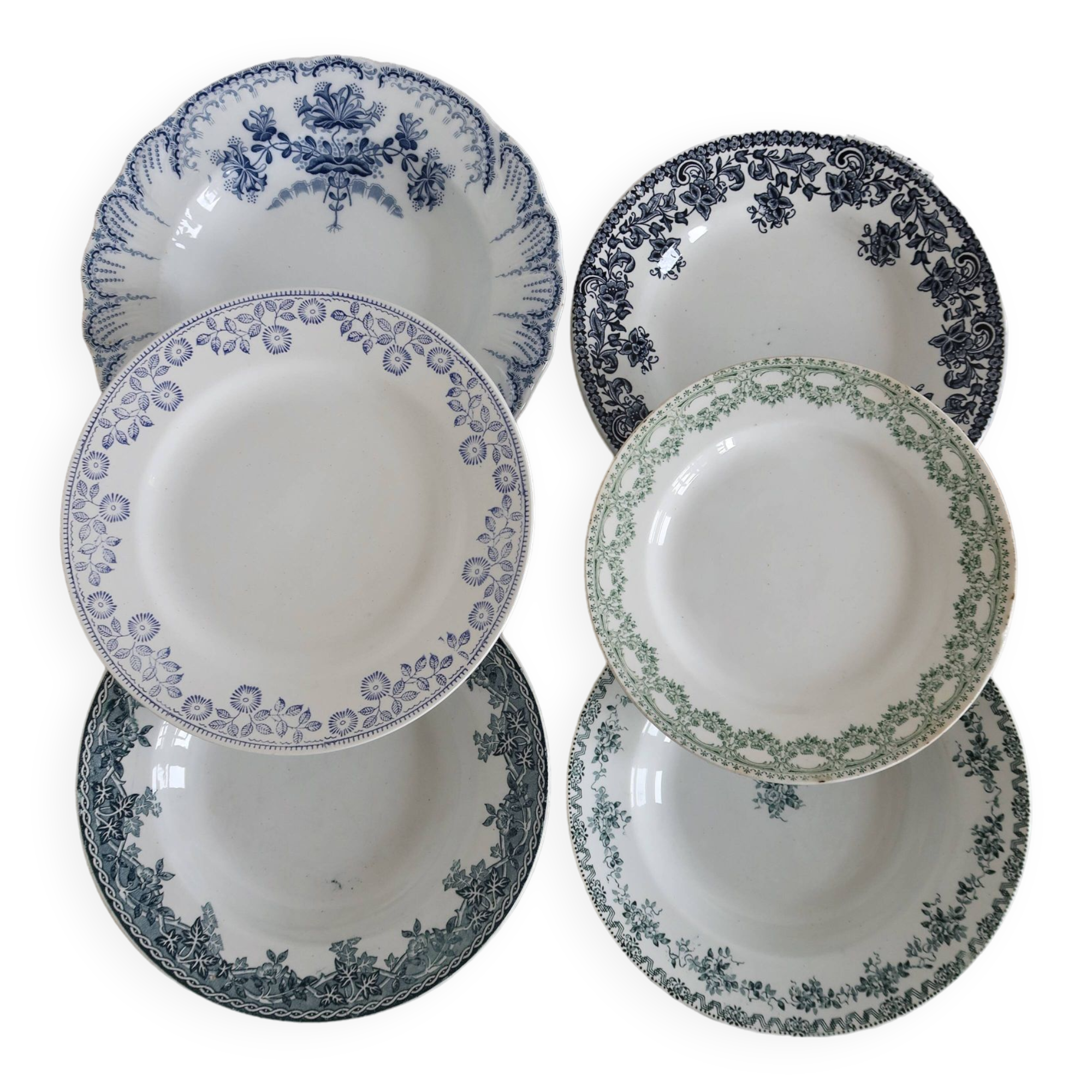 6 mismatched vintage iron earthenware plates