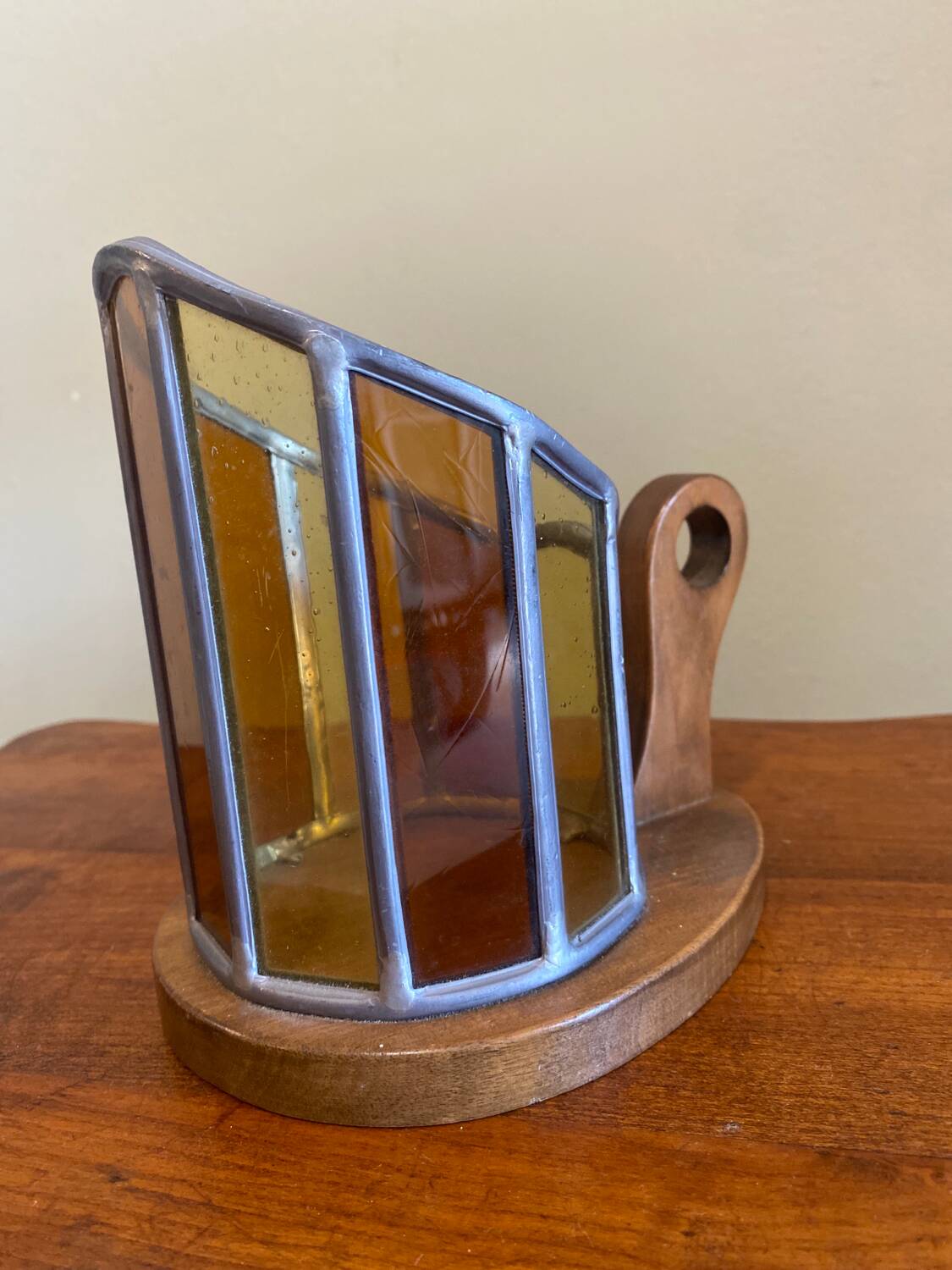 Wooden and stained glass candle holder