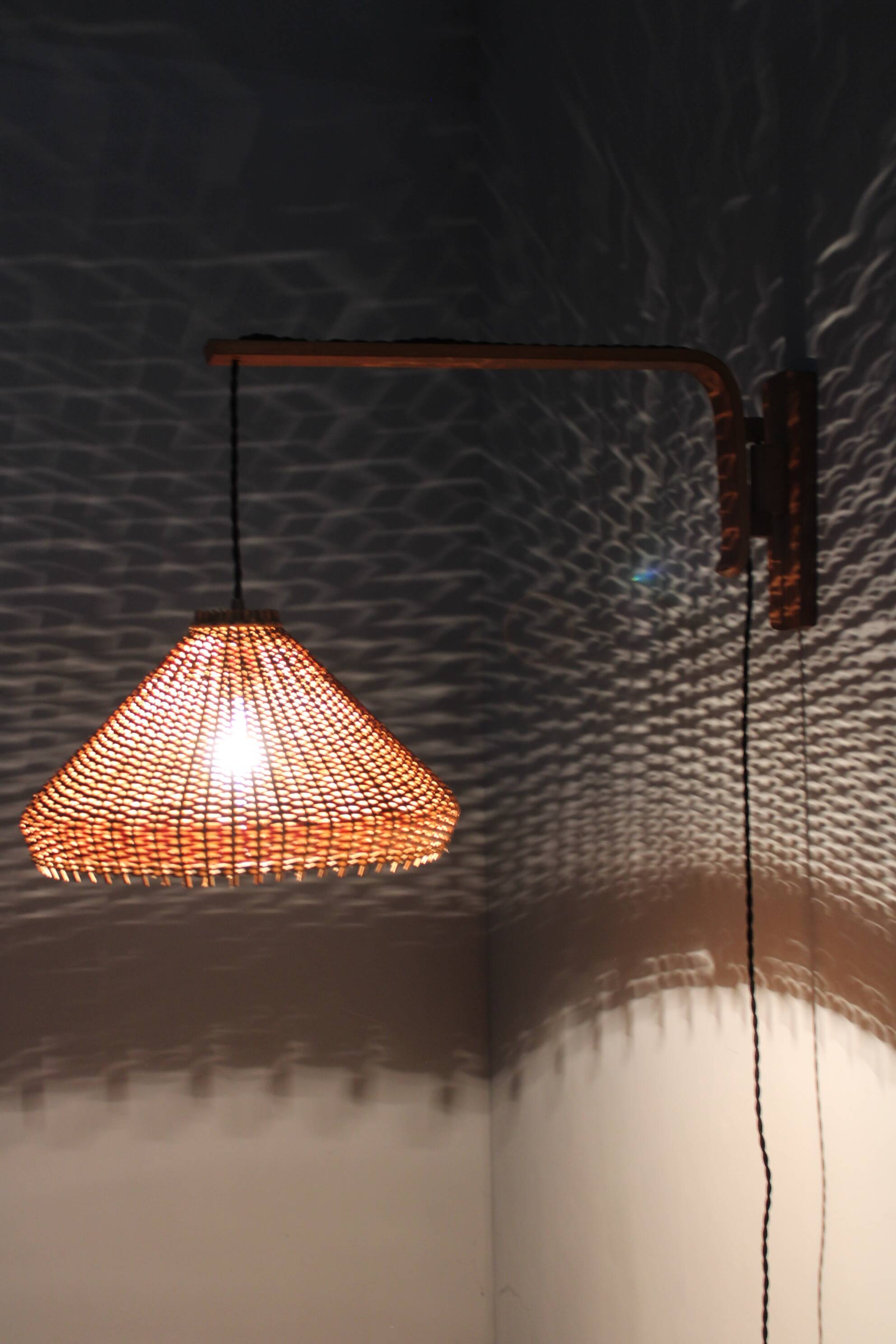 Adjustable oak and wicker wall lamp, Czechoslovakia, 1970s