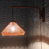 Adjustable oak and wicker wall lamp, Czechoslovakia, 1970s