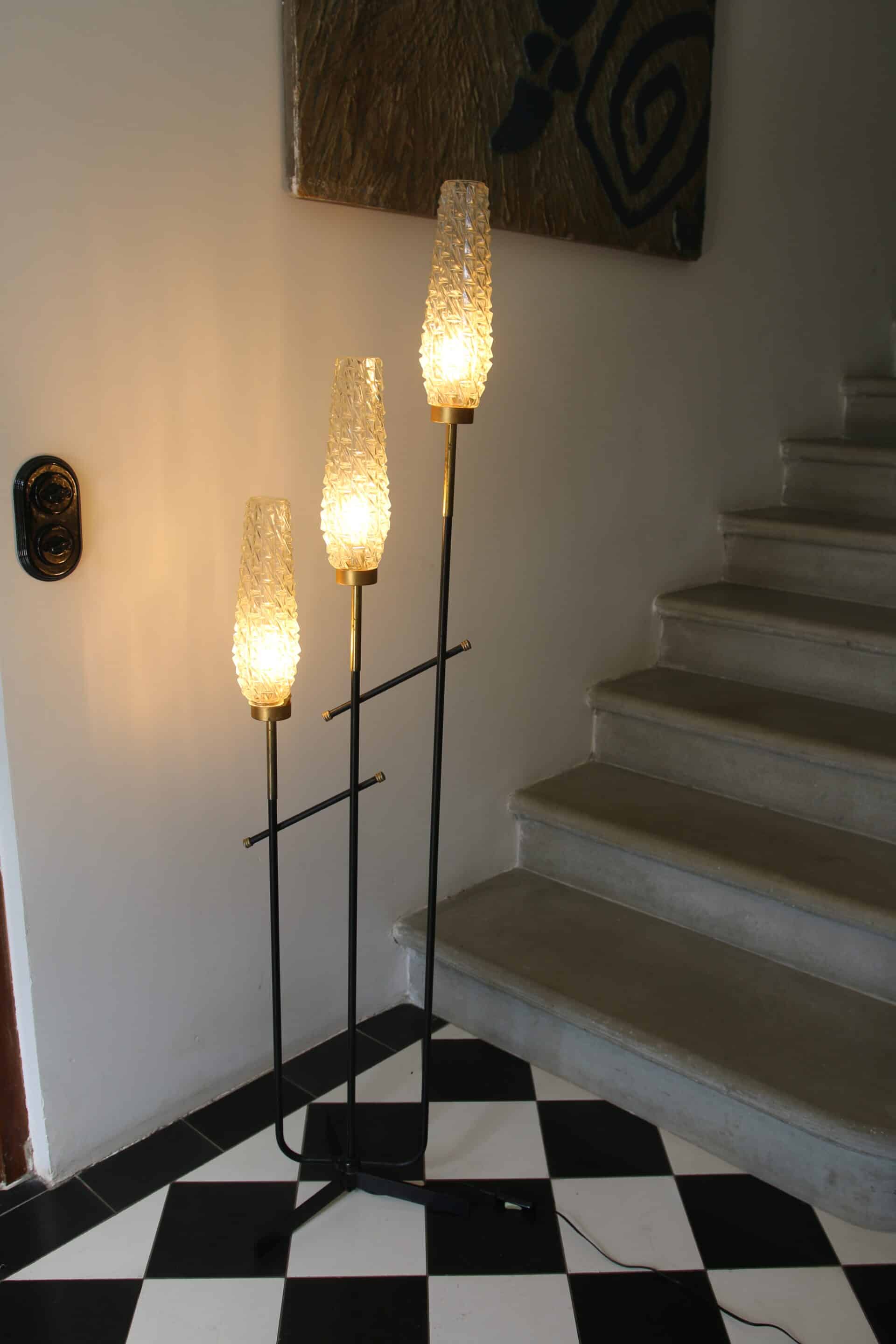 Vintage 3-light floor lamp, Arlus style, Art Deco spirit, 1950s.