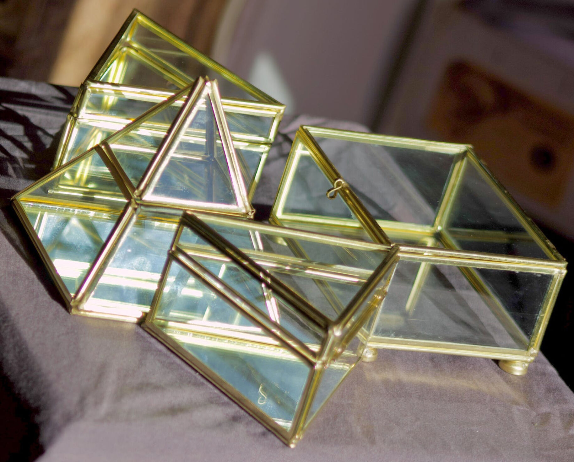 4 old glass, brass and mirror jewellery boxes