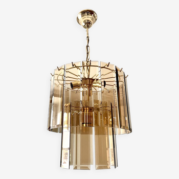Murano chandelier slats of smoked glass and golden brass 1990