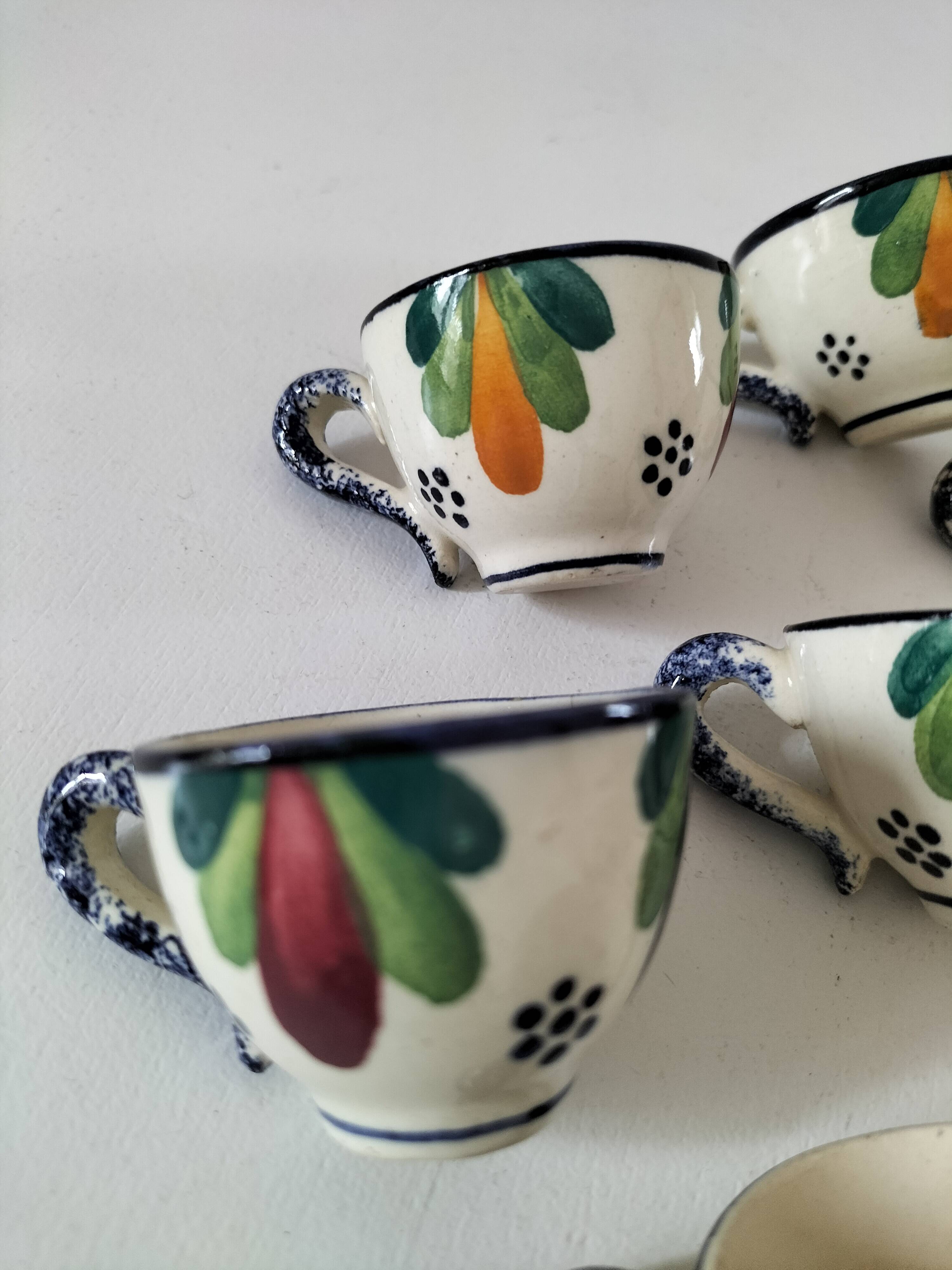 Set of 7 miniature Quimper earthenware cups