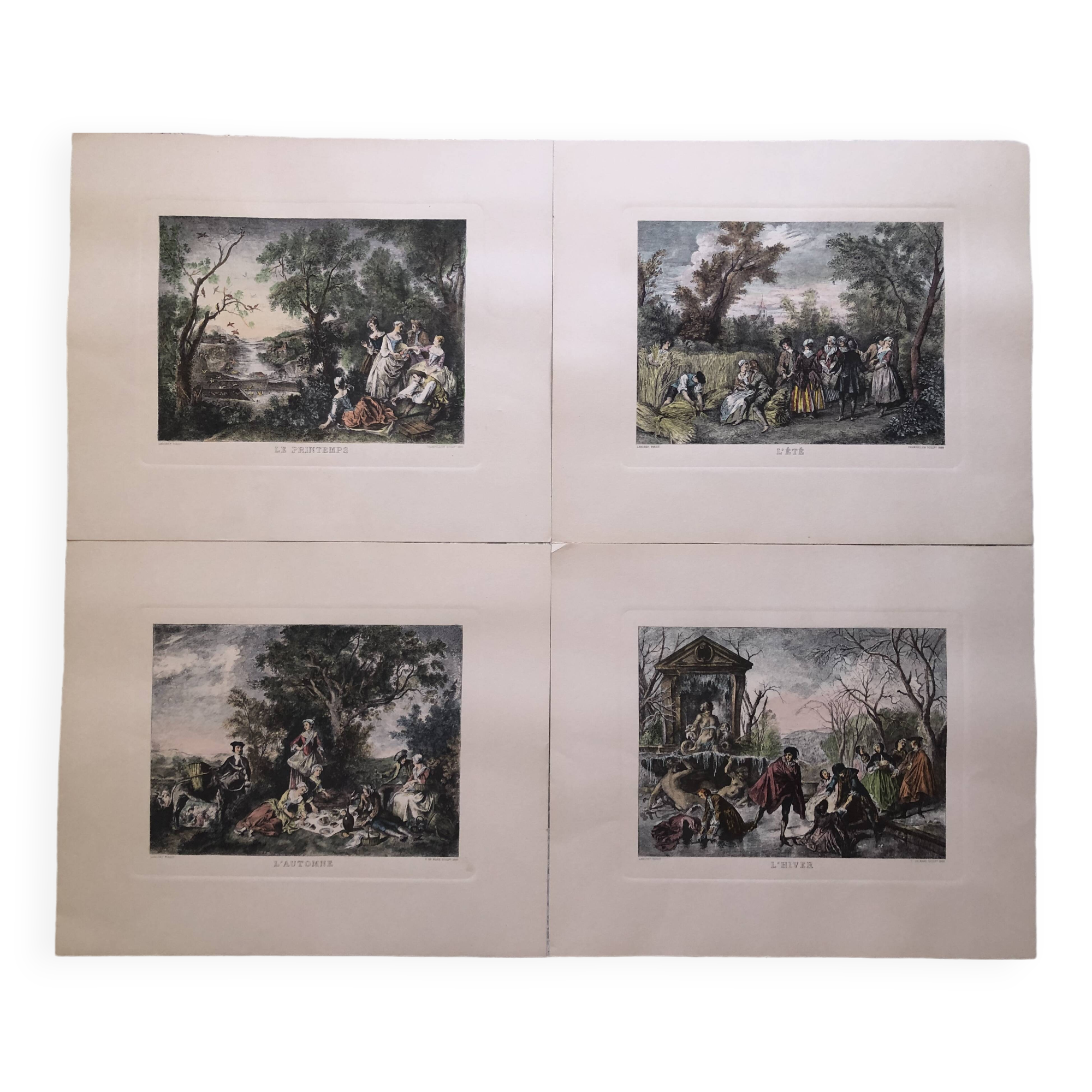 Set 4 lithograph les saisons after nicolas lancret, engraver chapollion and de mare, 20th century print