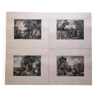 Set 4 lithograph les saisons after nicolas lancret, engraver chapollion and de mare, 20th century print