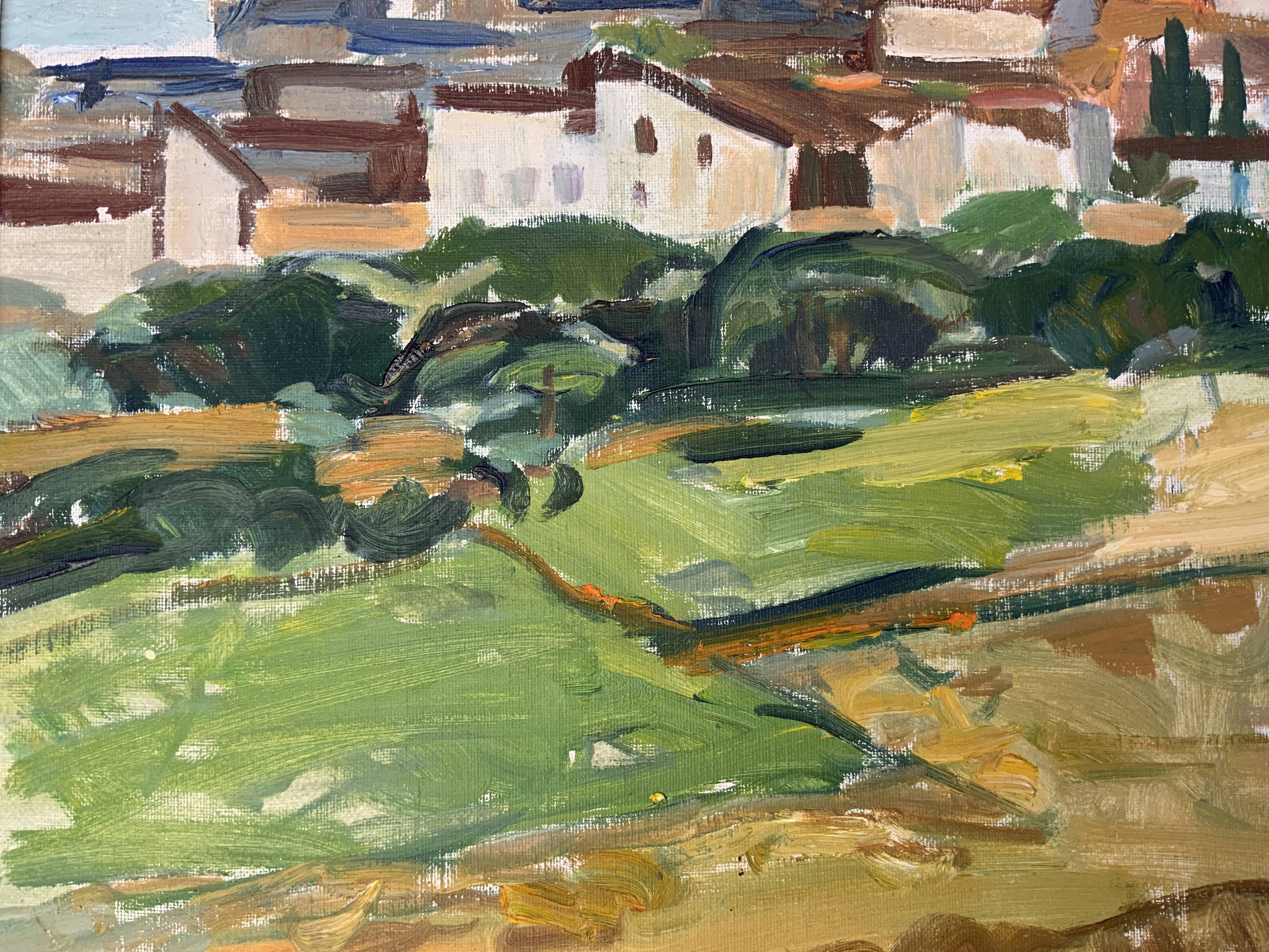 Peinture à l’huile de paysage impressionniste suédois du milieu du 20e siècle « Marbella » années 1960