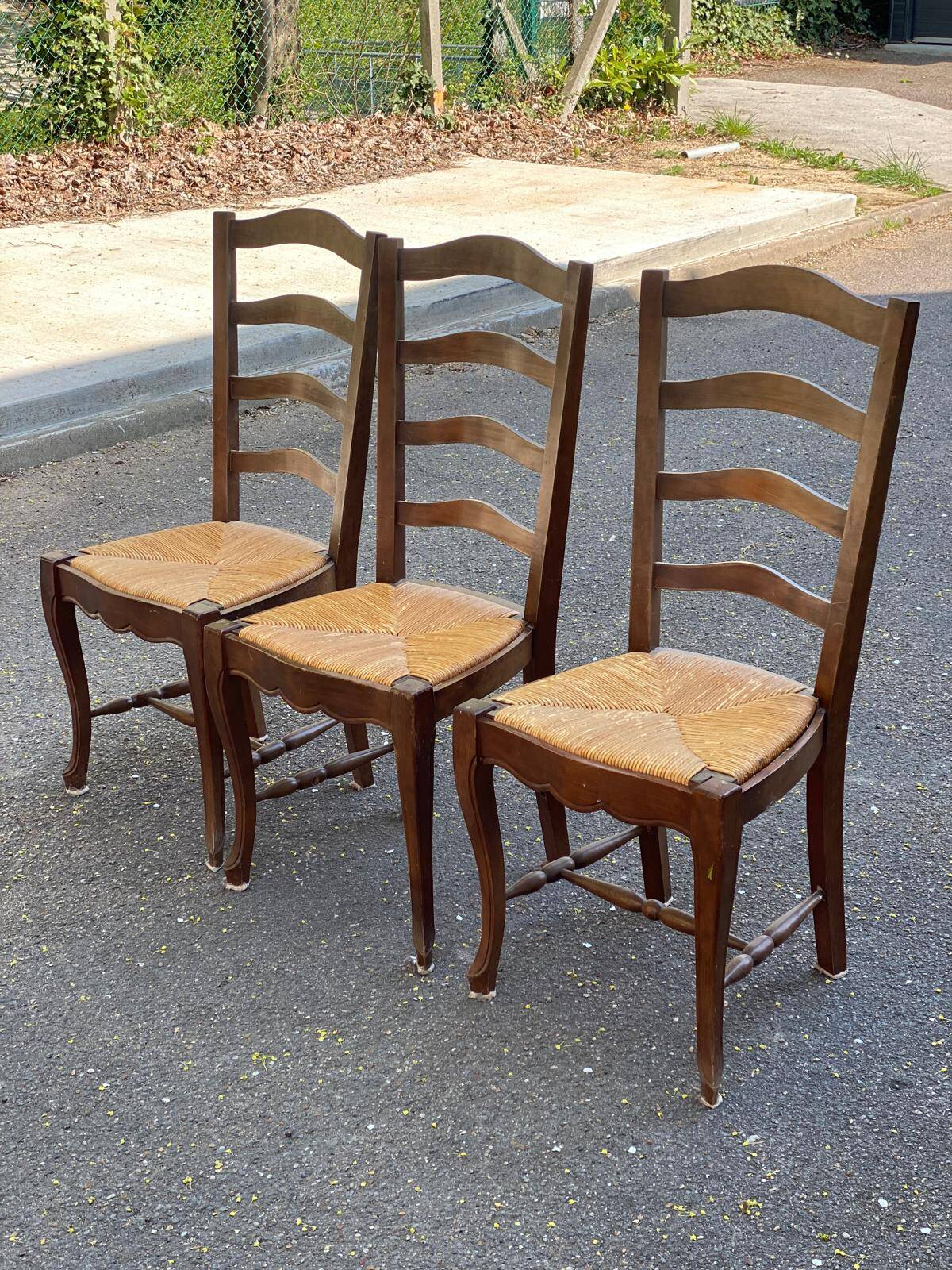 3 solid wood straw chairs, farmhouse style