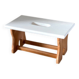 Tabouret vintage en hêtre et peint en blanc