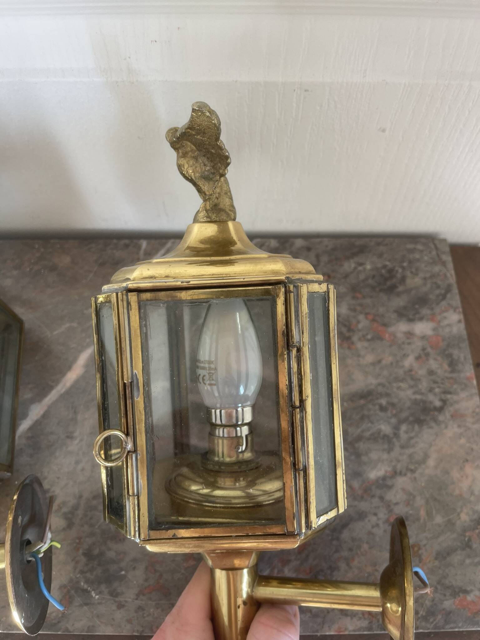 Old Pair of Gilded Brass Wall Lights in Carriage Lantern Eagle Empire Style