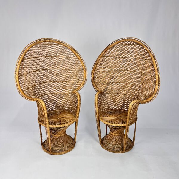 Ensemble de 2 chaises paon vintage en rotin et osier, 1970